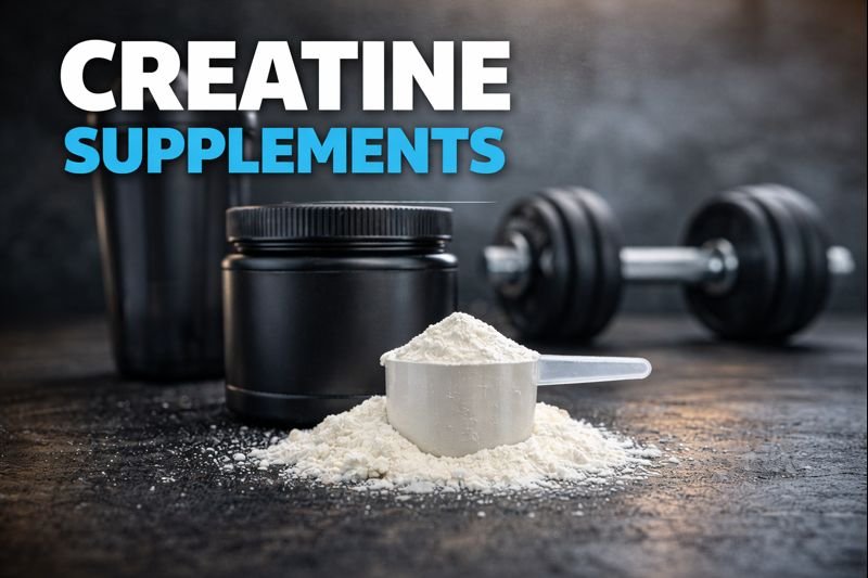 Creatine supplements powder with scoop on gym background